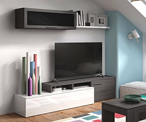Dmora TV-Wohnzimmer-Set mit Zwei Türen, Hängemodul und Regal, Farbe: Aschgrau und Weiß glänzend, 44 x 200 x 41 cm, Technisches Holz von Dmora