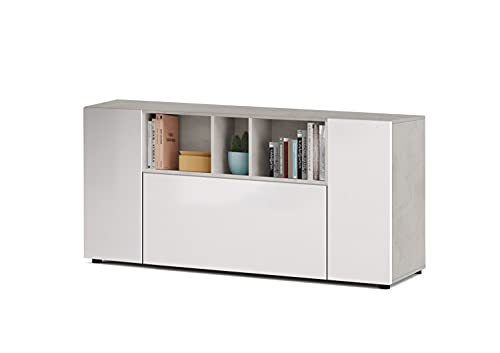 Dmora - Highboard Paterson, Modernes Sideboard mit 3 Türen, Wohnzimmerbuffet mit Fächern, Wohnzimmer-Sideboard, Fernsehschrank, cm 150x41h76, Weiß und Zement von Dmora