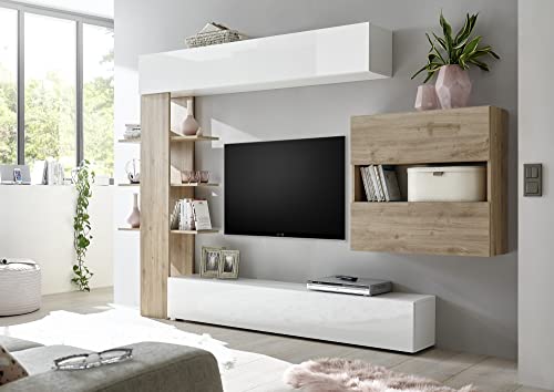 Dmora Wohnzimmerwand, Made in Italy, TV-Schrank, Modernes Wohnzimmer-Set, 295 x 30 h 197 cm, glänzendes Weiß und Eichenfarbe von Dmora