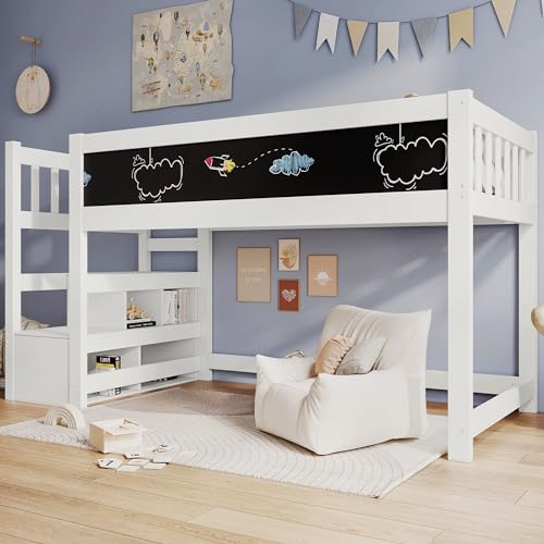 Dolamaní Hochbett 90x200 cm Kinder mit Skizzenblock und Schreibblock, Kinderbett mit Rausfallschutz & Stauraum Treppe, Kinderhochbett Bett für Jungen mädchen (Weiß) von Dolamaní