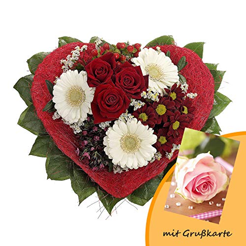 Dominik Blumen und Pflanzen, Blumenstrauß "Allerliebst" mit Rosen, Gerbera und Bartnelke und Grußkarte "Rosen" von Rapido