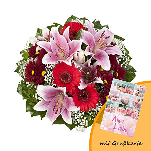 Dominik Blumen und Pflanzen, Blumenstrauß "Charlotte" mit rosa Lilien, Chrysantheme, Gerbera und Schleierkraut und Grußkarte "Alles Liebe" von Rapido