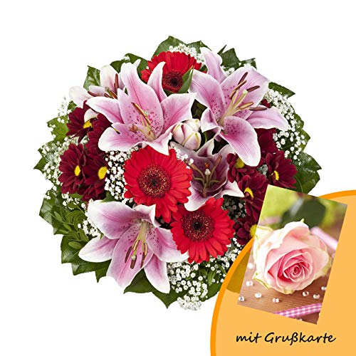 Dominik Blumen und Pflanzen, Blumenstrauß "Charlotte" mit rosa Lilien, Chrysantheme, Gerbera und Schleierkraut und Grußkarte "Rosen" von Rapido