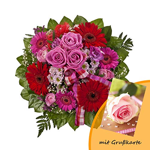 Dominik Blumen und Pflanzen, Blumenstrauß "Falling in Love" mit Rosen, Gerbera und Freesien und Grußkarte "Rosen" von Rapido