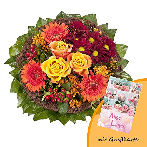 Dominik Blumen und Pflanzen, Blumenstrauß "Füllhorn" mit orangen Rosen und Germini und Grußkarte "Alles Liebe" von Rapido