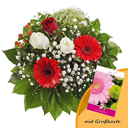 Dominik Blumen und Pflanzen, Blumenstrauß "Gruß von Herzen" mit Rosen, Gerbera und Johanniskraut und Grußkarte "Geburtstag" von Rapido