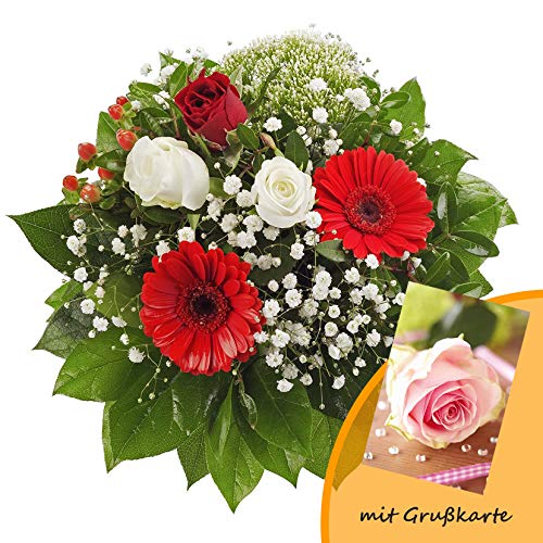 Dominik Blumen und Pflanzen, Blumenstrauß "Gruß von Herzen" mit Rosen, Gerbera und Johanniskraut und Grußkarte "Rosen" von Rapido