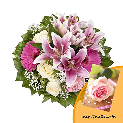 Dominik Blumen und Pflanzen, Blumenstrauß "Laura" mit rosa Lilien, Rosen und Gerbera und Grußkarte "Rosen" von Rapido