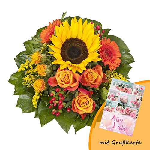 Dominik Blumen und Pflanzen, Blumenstrauß "Sonnenlicht" mit einer Sonnenblume, orangen Rosen, Germini, Färberdistel und Goldrute und Grußkarte "Alles Liebe" von Rapido