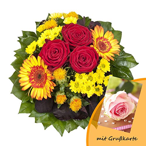 Dominik Blumen und Pflanzen, Blumenstrauß "Sonnenlicht" mit einer Sonnenblume, orangen Rosen, Germini, Färberdistel und Goldrute und Grußkarte "Rosen" von Rapido