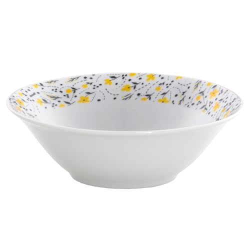 Domotti Salatschüssel Ø 23 cm Rund Porzellan Amarillo Spülmaschinengeeignet Mikrowellengeeignet 1,3 L Weiß mit Pflanzenmuster Gelbe Blumen am Rand von Domotti