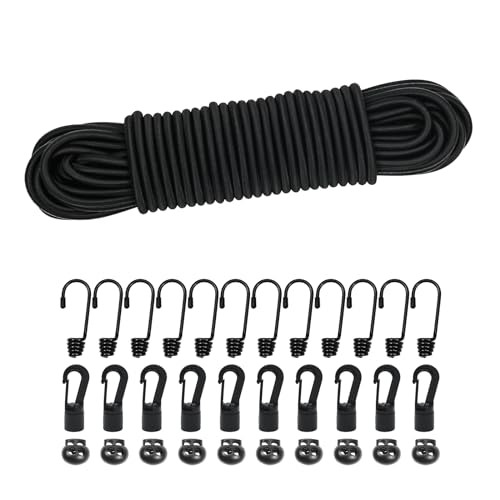 Expanderseil Gummiseil 5mm 15m Schwarz, Elastisches Expanderseil Gummischnur Gummikordel Gummiband Planenseil Spannseil mit Haken Zubehör DIY Wohnwagen Fracht Handwerk Rack (schwarz, 5mm*15m) von Dondeen