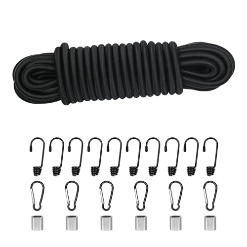 Expanderseil Gummiseil 8mm 10m Schwarz, Elastisches Expanderseil Gummischnur Gummikordel Gummiband Planenseil Spannseil mit Haken Zubehör DIY Wohnwagen Fracht Handwerk Rack (schwarz, 8mm*10m) von Dondeen