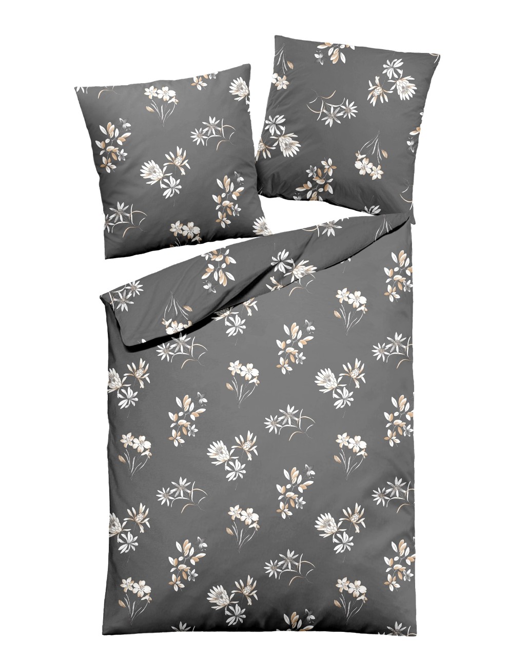 Dormisette Edel Biber Bettwäsche 135x200 Blumen grau weiß sand 8078-71 von Dormisette