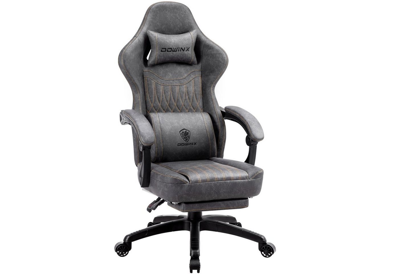 Dowinx Gaming-Stuhl Mit Federkissen, Massage-Lendenwirbelstütze Fußstütze, Rennspielsessel, Ergonomisches Design, PU-Leder, Grau von Dowinx
