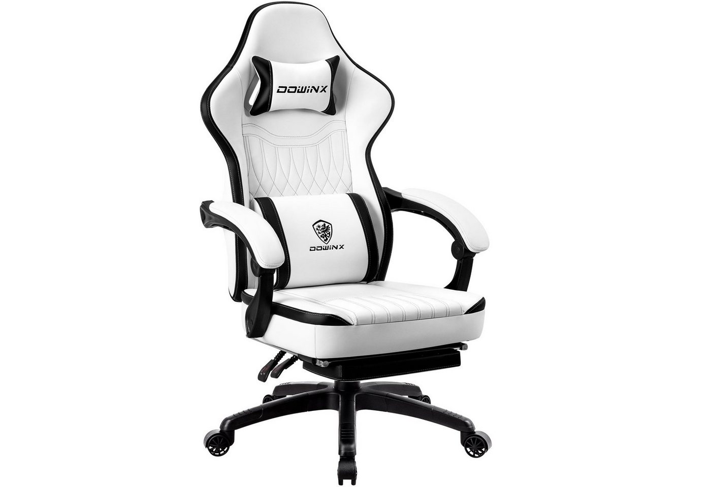 Dowinx Gaming-Stuhl Mit Federkissen, Massage-Lendenwirbelstütze Fußstütze, Rennspielsessel, Ergonomisches Design, PU-Leder, Schwarz und weiß von Dowinx