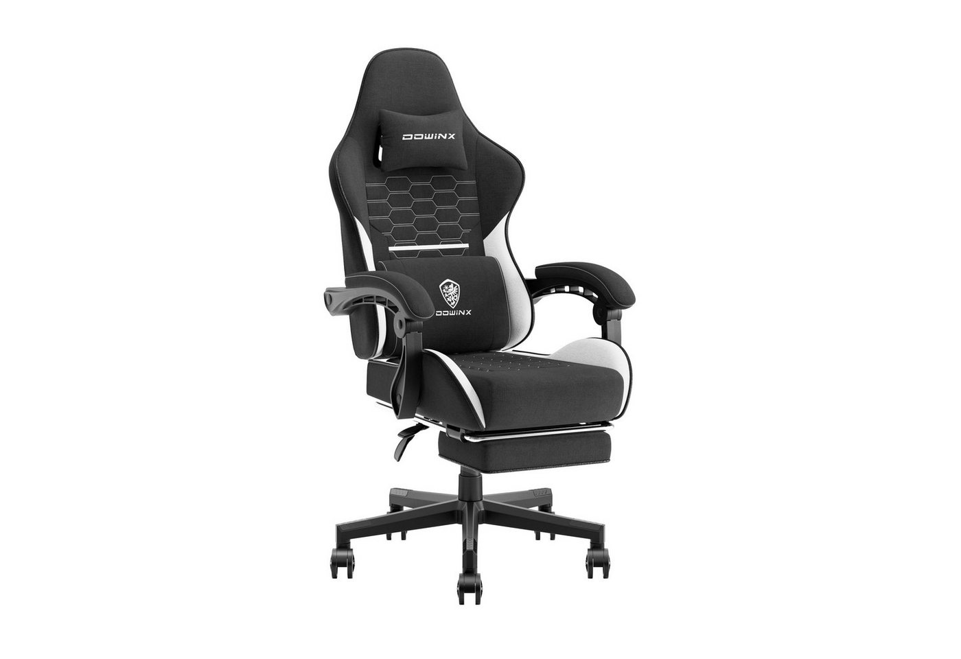 Dowinx Gaming-Stuhl Mit Stoff bezogenes Federkissen mit massierender Kopfstütze, ergonomisch, mit Fußstütze, Schwarz von Dowinx