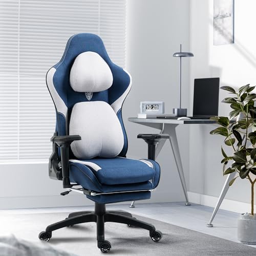 Dowinx Gaming Stuhl Stoff mit Austauschbarem Verdicktem Kissen, Ergonomischer Computerstuhl, Lordosenstütze und Kopfstütze, Gaming Sessel mit Fußstütze, 150kg Belastbarkeit,Blau von Dowinx