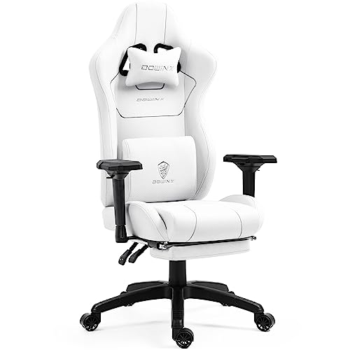 Dowinx Gaming Stuhl Stoff mit Taschenfederkissen, Ergonomischer Gaming Sessel mit Massagefunktion, PC Bürostuhl Groß und Hoch mit Fußstützen XXL, Weiß von Dowinx