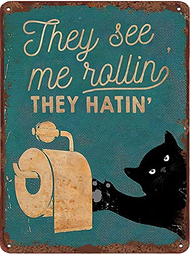 Dreacoss Blechschild mit schwarzer Katze "They See Me Rollin They Hatin", Vintage-Blechschild, lustiges Badezimmer-Dekoration, WC-Druck, lustige Heimdekoration, 14x20 cm von Dreacoss