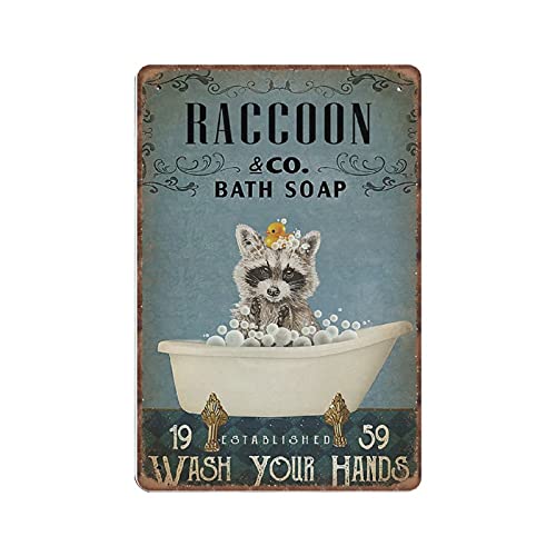 Dreacoss Raccoon & Co. Bath Soap Wash Your Hands Blechschilder, Waschbär, BadezimmerPoster, WC, Retro, lustiges Metallschild, VintagePoster, Wandkunst für Badezimmer, Heimdekoration, Blechschild, von Dreacoss