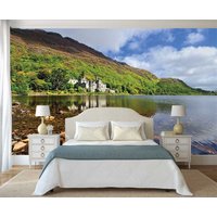 Abnehmbare Vinyl Tapete, Berge Wandblech, Extra Großes Wandbild See, Ruhe Fluss Wandbehang, Schloss Wand Gobelin, Wald Wandhangin von DreamVinyl