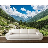 Berge Wandbild, Berghügel Tapete, Schälen Und Stock Wandbedeckung, Grüne Hügel Wandkunst, Schöne Wolken Wanddeko von DreamVinyl