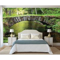 Waldbrücke Tapete, Peel & Stick Wand Wandbild, Brücke Wandbehang, Steine Greenery Wandkunst, Fluss Wandtattoo, Natur von DreamVinyl