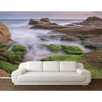 steine Tapete, Moosige Felsen Wandbehang, Beruhigende Wand Gobelin, Grüne Wandtuch, Einweihungsgeschenk, Meer Wandkunst, Benutzerdefinierte Deko von DreamVinyl