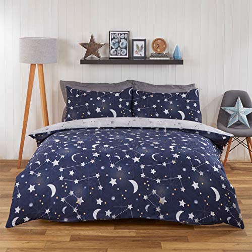 DREAMSCENE Bettbezug mit Kissenbezug, Motiv: Mond, Sterne, Galaxie, wendbar, für Einzelbett, Marineblau/Grau von DREAMSCENE