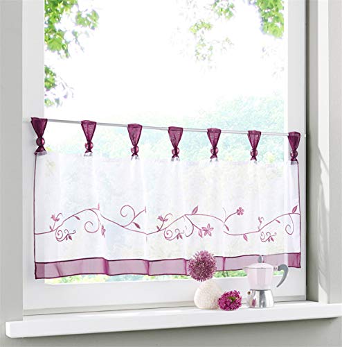 Dreamskull Scheibengardine Voile Bistrogardine Landhaus Küche Kurz Modern Kurzstores Gardinen Kurzgardine Küchengardine Transparent 45 cm Hoch Weiß mit Schlaufen Stickerei Kleinfenster HxB 45x90cm von Dreamskull