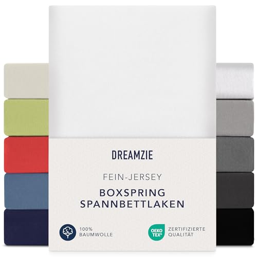 Dreamzie Premium Spannbettlaken 180x200 cm - 200x200 cm - 40cm Steg - auch für Boxspringbett & Wasserbett - Bettlaken Boxspringbett 100% Jersey Baumwolle, 150 g/m² - Oeko-TEX - Weiß von Dreamzie