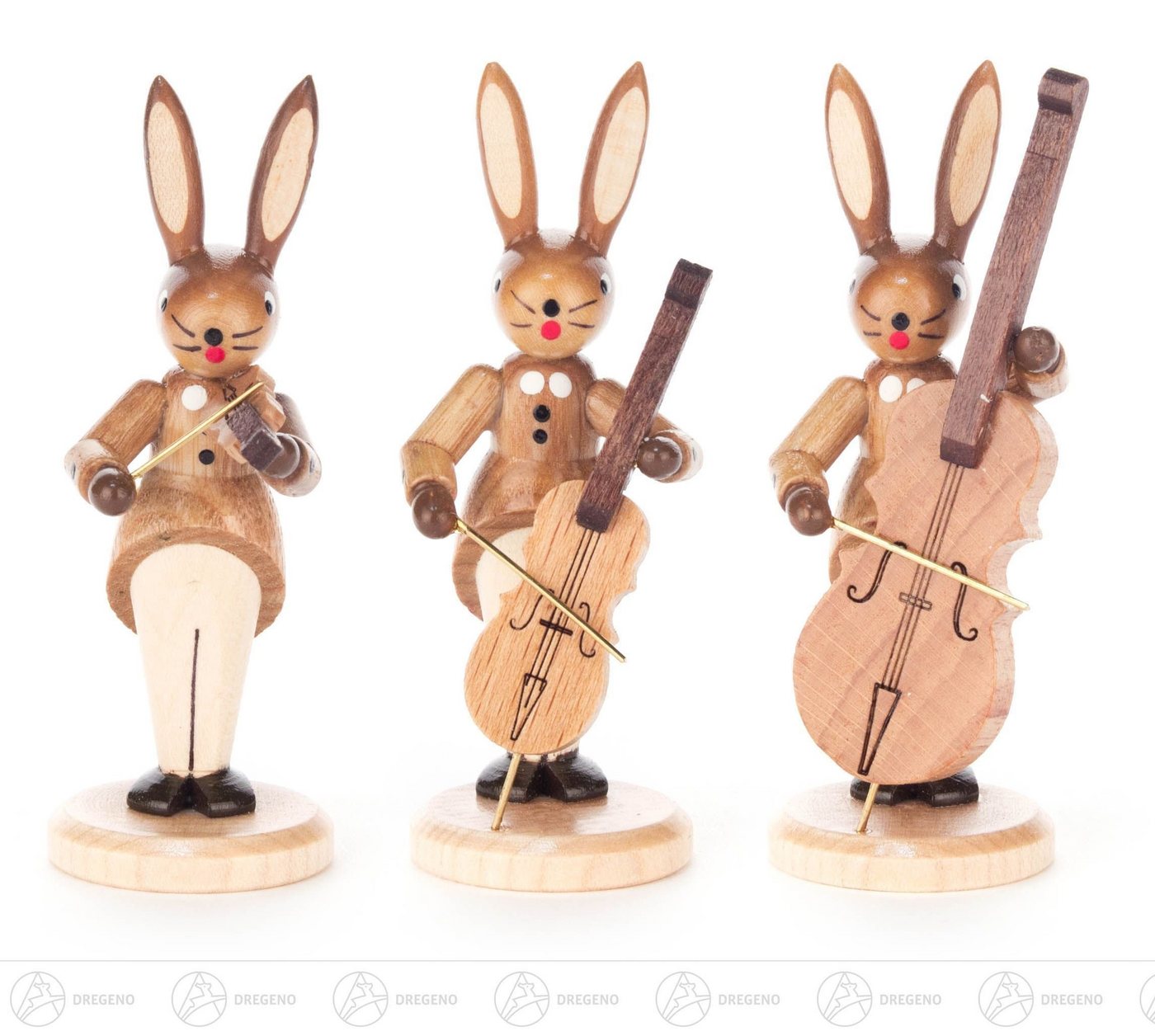 Dregeno Erzgebirge Osterhase Hasentrio Streicher mit Geige, Cello und Kontrabass, natur Höhe = 8cm, mit Instrumenten von Dregeno Erzgebirge