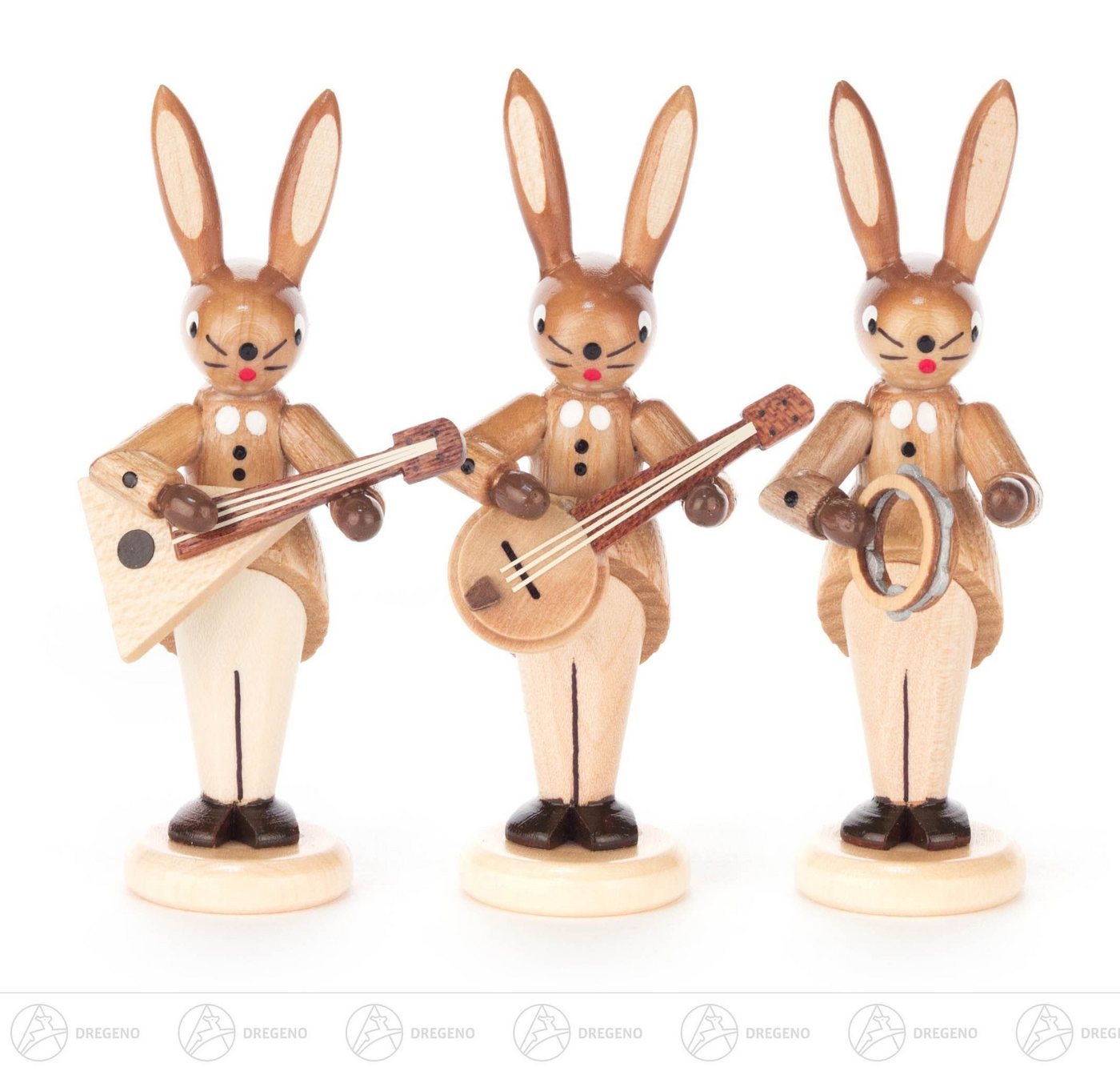 Dregeno Erzgebirge Osterhase Hasentrio mit Balalaika, Banjo und Schellenring, natur Höhe = 8cm NEU, mit Instrument von Dregeno Erzgebirge