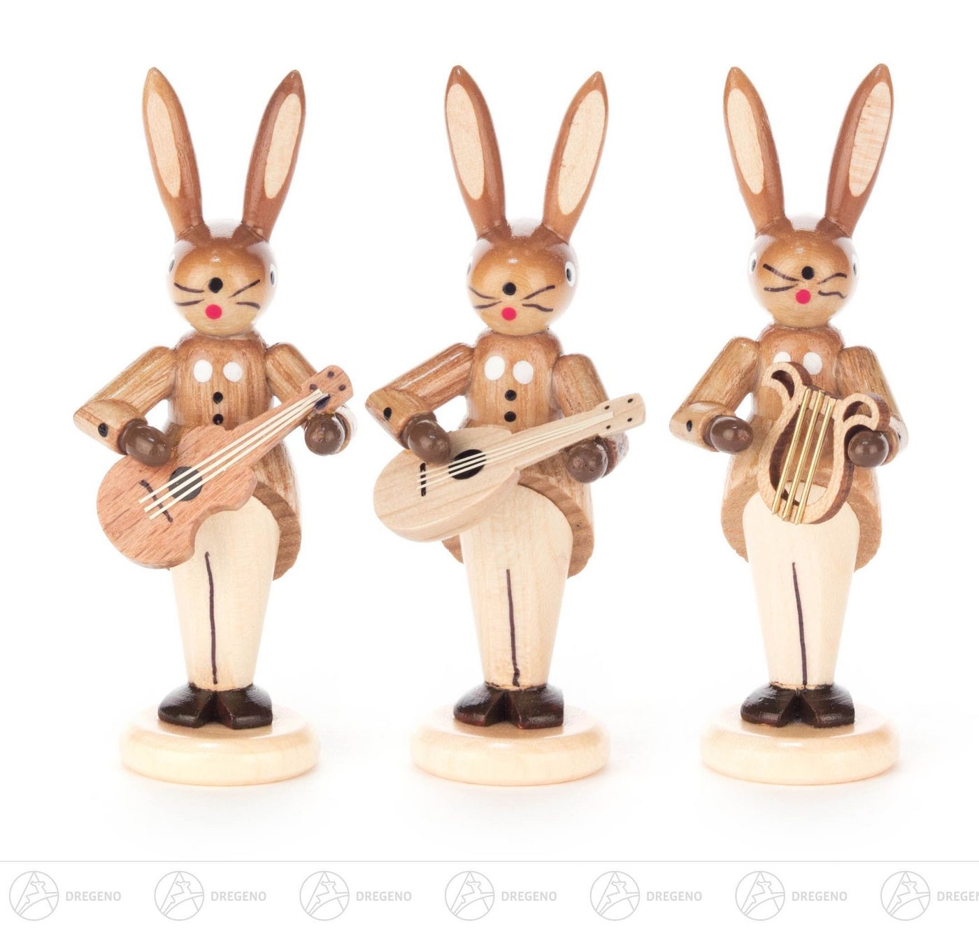 Dregeno Erzgebirge Osterhase Hasentrio mit Gitarre, Mandoline und Lyra, natur Höhe = 8cm NEU, mit Instrumenten von Dregeno Erzgebirge