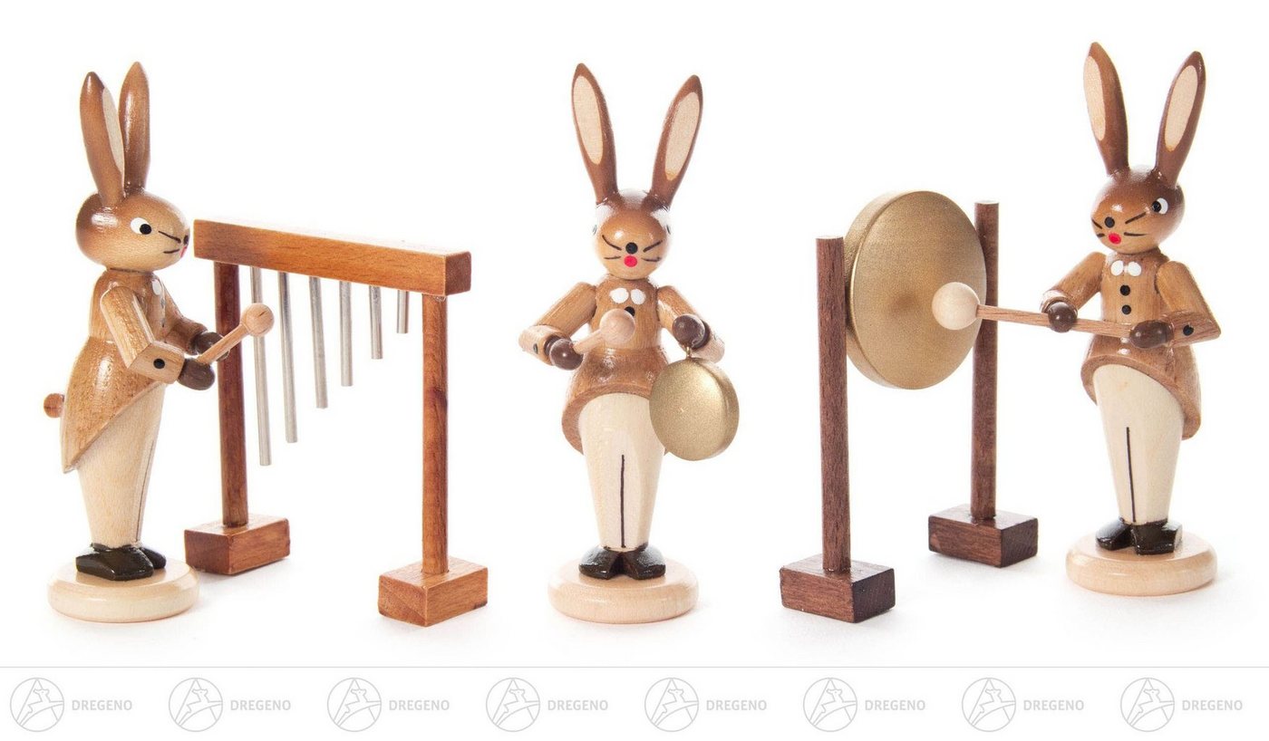 Dregeno Erzgebirge Osterhase Hasentrio mit Glockenspiel, kleinem und großen Gong, natur BxHxT = 5x, mit Instrumenten von Dregeno Erzgebirge