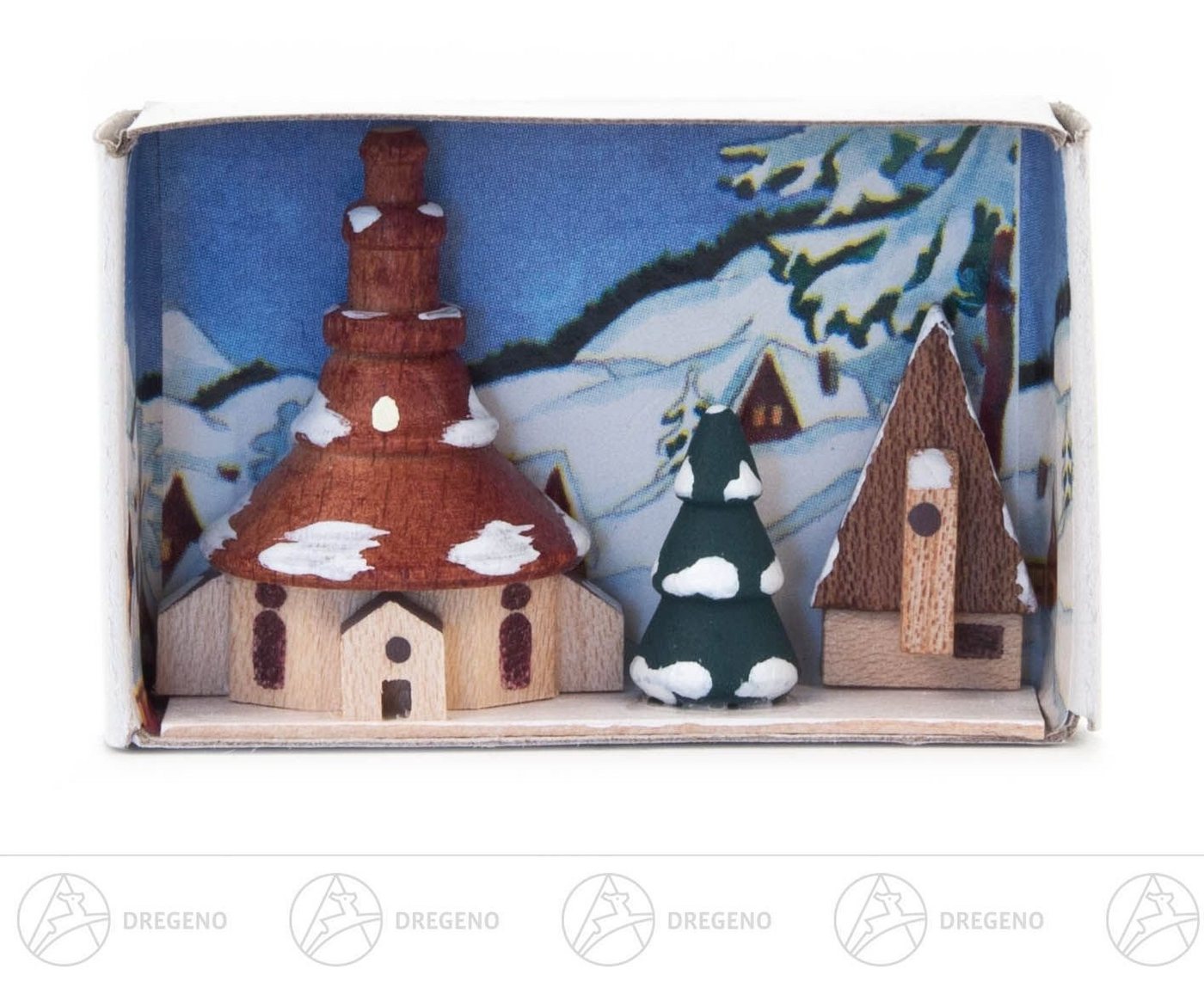Dregeno Erzgebirge Weihnachtsfigur Miniatur Zündholzschachtel Kirche Winter Breite x Höhe ca 5,5 cmx4, für Setzkasten von Dregeno Erzgebirge