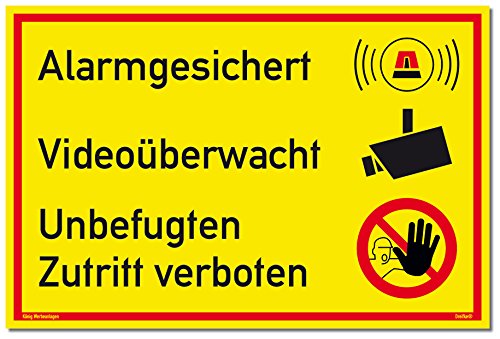 Schild Alarmgesichert Videoüberwacht | Unbefugten Zutritt verboten | stabiles Alu Schild mit UV-Schutz 30 x 20 cm | gelb | Alarmanlage Videoüberwachung Kameraüberwacht | Dreifke® von Dreifke