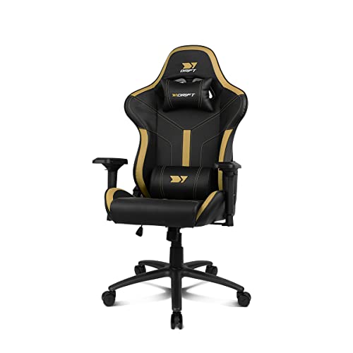 DRIFT GAMING Chair DR350 -DR350GOLD - Gaming Chair, Kunstleder, 4D-Armlehnen, geräuscharme Rollen, Klasse 4 Kolben, Neigung, Lenden-/Halswirbelkissen, Farbe schwarz/Gold von DRIFT GAMING