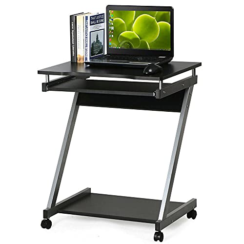 Dripex Computertisch klein mit 4 Rollen in Z-förmige, Schreibtisch, Mobiler Laptoptisch mit Tastaturauszug und Ablage für Home Office 60x48x73cm Schwarz von Dripex