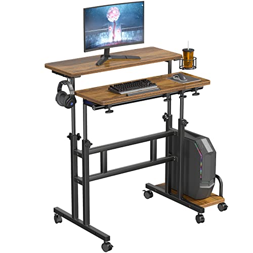 Dripex Stehpult Höhenverstellbar Sitz-Steh Schreibtisch mit Rollen, Mobiler Stehtisch mit neigbar Tischplatte, 80x60cm Laptoptisch Workstation für Zuhause und Büro, Vintage Braun von Dripex