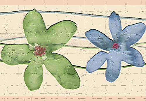 Dundee Deco DDAZBD9052 Tapetenbordüre zum Abziehen und Aufkleben, Kinder, grün, blaue Blumen, Wandbordüre, Retro-Design, 4,57 m x 17,78 cm, selbstklebend von Dundee Deco