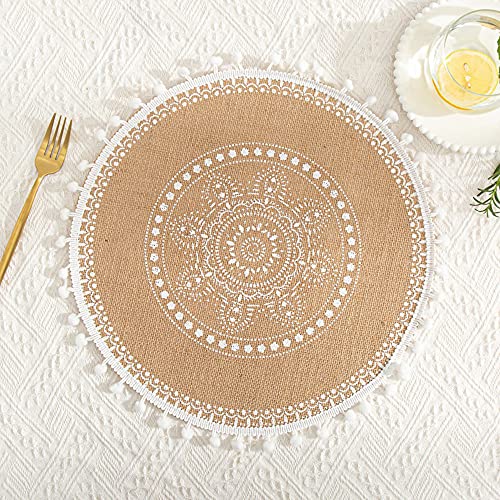 Rund Gewebte Platzset,Boho Tischsets,Jute Tischsets mit Mandala Quaste,Böhmen Farmhouse Retro Restaurant Tischdekoration Platzdeckchen Tischsets für Hochzeit Festival Party Küche Speisetisch,2er Set G von Duories