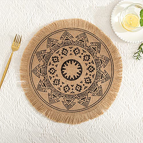 Rund Gewebte Platzset,Boho Tischsets,Jute Tischsets mit Mandala Quaste,Böhmen Farmhouse Retro Restaurant Tischdekoration Platzdeckchen Tischsets für Hochzeit Festival Party Küche Speisetisch,2er Set J von Duories