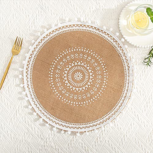 Rund Gewebte Platzset,Boho Tischsets,Jute Tischsets mit Mandala Quaste,Böhmen Farmhouse Retro Restaurant Tischdekoration Platzdeckchen Tischsets für Hochzeit Festival Party Küche Speisetisch,2er Set D von Duories