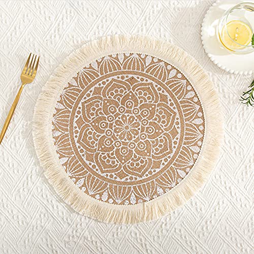 Rund Gewebte Platzset,Boho Tischsets,Jute Tischsets mit Mandala Quaste,Böhmen Farmhouse Retro Restaurant Tischdekoration Platzdeckchen Tischsets für Hochzeit Festival Party Küche Speisetisch,4er Set O von Duories