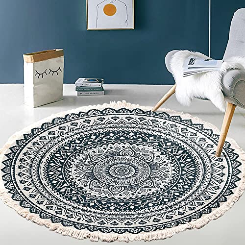 Vintage Boho Baumwolle Teppiche Mandala Muster Waschbar Handgewebte Böhmische Runder Teppich mit Quasten für Schlafzimmer Flur Wohnzimmer Couchtisch Fußmatten,Waschmaschinenfest,100CM Blumen #1 von Duories