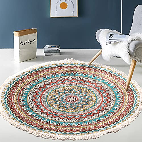 Vintage Boho Baumwolle Teppiche Mandala Muster Waschbar Handgewebte Böhmische Runder Teppich mit Quasten für Schlafzimmer Flur Wohnzimmer Couchtisch Fußmatten,Waschmaschinenfest,100CM Blumen #12 von Duories