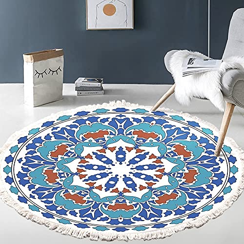 Vintage Boho Baumwolle Teppiche Mandala Muster Waschbar Handgewebte Böhmische Runder Teppich mit Quasten für Schlafzimmer Flur Wohnzimmer Couchtisch Fußmatten,Waschmaschinenfest,100CM Blumen #18 von Duories