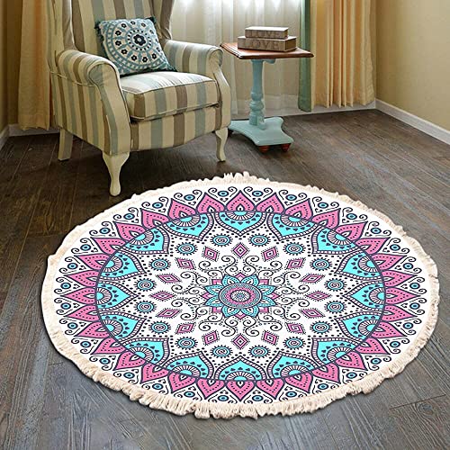 Vintage Boho Baumwolle Teppiche Mandala Muster Waschbar Handgewebte Böhmische Runder Teppich mit Quasten für Schlafzimmer Flur Wohnzimmer Couchtisch Fußmatten,Waschmaschinenfest,100CM Blumen #22 von Duories